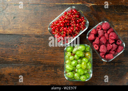 Verschiedene Sommer Beeren rote Johannisbeeren, Stachelbeeren, Himbeeren in Glas Fächer. nach Typ sortiert. superfoods aus dem Garten Stockfoto