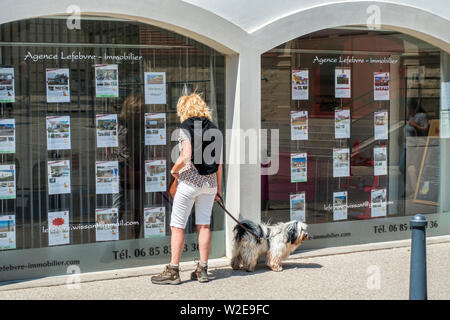 Frau mit Hund an die Preise der Wohnungen und Häuser für Verkauf in Anzeigefenster für die Immobilien / Immobilien Agentur auf der französischen Badeort suchen, Frankreich Stockfoto