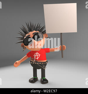 Protestieren Punk Rocker Charakter Holding ein leeres Plakat, 3d-Grafik rendern Stockfoto