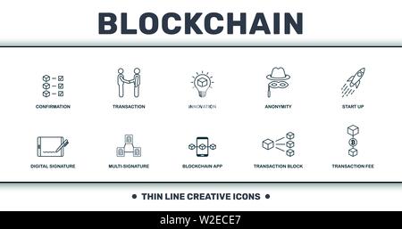 Blockchain eingestellt icons Collection. Enthält einfache Elemente wie Bestätigung, Transaktion, Innovation, Anonymität, Start Up, Multi-Signature und Stock Vektor