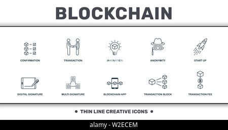 Blockchain eingestellt icons Collection. Enthält einfache Elemente wie Bestätigung, Transaktion, Innovation, Anonymität, Start Up, Multi-Signature und Stockfoto