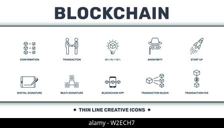 Blockchain eingestellt icons Collection. Enthält einfache Elemente wie Bestätigung, Transaktion, Innovation, Anonymität, Start Up, Multi-Signature und Stock Vektor