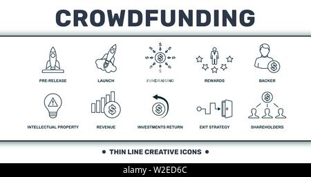 Crowdfunding Icons Thin line Set Kollektion. Enthält kreative Elemente wie Pre-Release, Launch, Fundraising, Rewards, Backer, Revenue und Stock Vektor