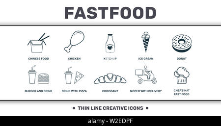 Fastfood Icons Thin Line Set Kollektion. Enthält kreative Elemente wie Donuts, Eis, Ketchup, Chicken Leg, chinesisches Essen, Getränk mit Pizza Stockfoto