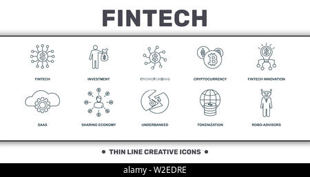 Fintech eingestellt icons Collection. Enthält einfache Elemente wie Fintech, Investitionen, Crowdfunding, Cryptocurrency, Fintech Innovation, Wirtschaft Stockfoto