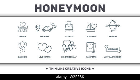 Hochzeitsreise Symbole thin line Kollektion. Die kreative Elemente wie Abendessen, Ringe, Bad, Wildschwein Reise, Bogenschießen, Liebe Herzen und Flitterwochen Karte Stockfoto