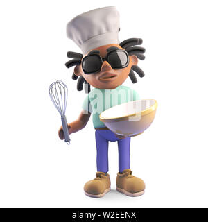 Cool Rasta dreadlocks Mann mit Küchenchef hat und Schüssel, 3d-Grafik rendern Stockfoto