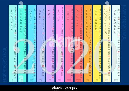 Vektor rainbow Wandkalender 2020 mit vertikaler Monate auf marine blau hintergrund Stock Vektor