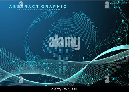 Erweiterung des Lebens. Bunte explosion Hintergrund mit angeschlossenen Leitung und Punkten, Wave fließen. Visualisierung Quantum Technologie. Abstrakte Grafik Stock Vektor