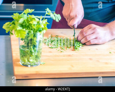 Nahaufnahmen der Hände des Menschen Vorbereitung von Obst und Gemüse in der modernen Küche. Stockfoto