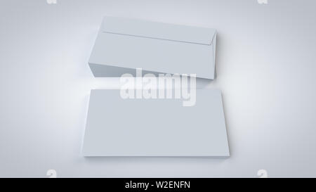 DL Umschlag Mockup, 3D-Rendering auf weißem Hintergrund mit weichen Schatten in ein näherer Blick, für Grafikdesigner Präsentationen und Portfolios. Stockfoto