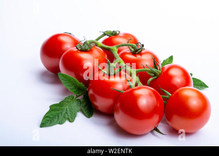 Bündel frische reife rote Tomaten mit Blättern auf weißem Hintergrund close up Kopie Raum isoliert Stockfoto