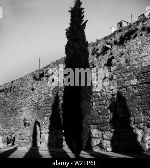 MURALLA ROMANA CONSTRUIDA CON SILLARES ALMOHADILLADOS SOBRE BASAMENTO 'CICLOPEO' PROCEDENTE DE LA ANTIGUA MURALLA IBERICA - Años 60. Lage: CIUDAD ROMANA. Stockfoto