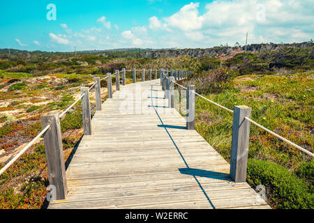 Die hölzerne Treppe an der felsigen Küste an einem sonnigen Tag. Polvoeira den Strand. Pataias, Portugal, Europa Stockfoto