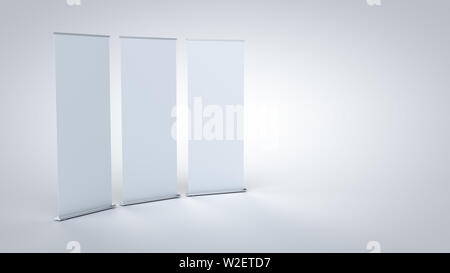 Rollup Banner, realistische standee 3D-Modell wiedergegeben, auf weißem Hintergrund mit weichen Schatten in ein näherer Blick, für Grafikdesigner Präsentationen. Stockfoto