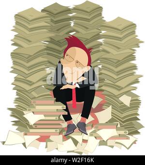Zu viele Dokumente und Illustrationen für Geschäftsleute. Nachdenklicher Geschäftsmann, umgeben von Stapeln von Dokumenten Stock Vektor