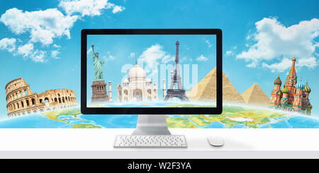 Schreibtisch mit Computer Display und berühmten touristischen Destinationen im Hintergrund. Das Konzept der Suche und Planung von Reisen über das Internet und Stockfoto