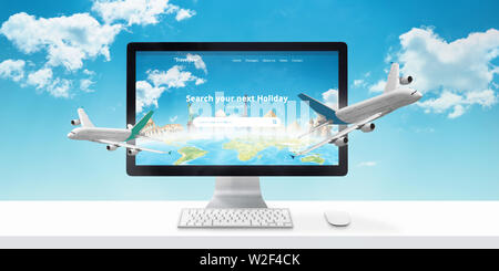 Urlaub online buchen. Konzept des modernen Reisebüro Website mit berühmten Sehenswürdigkeiten und Flugzeuge, die aus dem Display kommen. Stockfoto