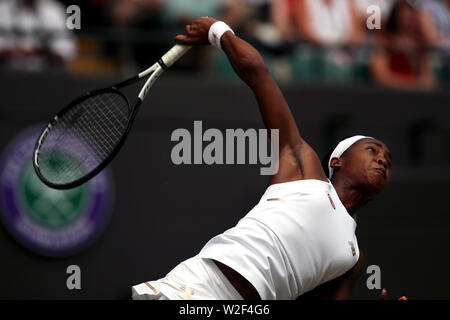 Wimbledon, 8. Juli 2019 - Cori Gauff während ihres Gleichen gegen Simona Halep heute in Wimbledon. Halep gewann ins Recht setzt. Stockfoto