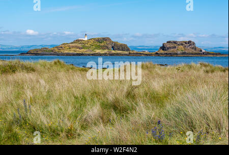 Fidra Insel und Stevenson Leuchtturm in Forth von Forth an einem sonnigen Tag Sommer, von John Muir, East Lothian, Schottland, UK gesehen Stockfoto