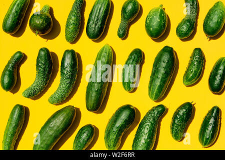 Verschiedenen Größen formen Gurken Muster auf einem gelben Hintergrund. Kopieren Sie Platz. Gurken Hintergrund close-up. Ansicht von oben. Gurke Ernte. Gurken Stockfoto