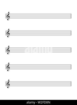 Leeres Blatt Notizen Vorlage für Anfänger. 5-line Personal mit Violinschlüssel für das Erlernen der westlichen Musiknotation und für die Ausübung. Stockfoto