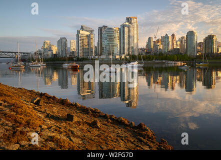 False Creek Morgen Reflexionen Dawn. Sunrise False Creek Blick auf Downtown Vancouver. British Columbia, Kanada. Stockfoto