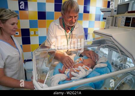 Arzt und Krankenschwester ein neugeborenes Prüfung in einem Inkubator, Intensivstation für Neugeborene, Karlovy Vary, Tschechische Republik Stockfoto