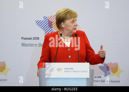 Poznan, Polen. 05. Juli, 2019. Bundeskanzlerin hat Angela Merkel spricht bei einer Pressekonferenz auf der 6 Westlichen Balkan Gipfeltreffen in Posen. Credit: SOPA Images Limited/Alamy leben Nachrichten Stockfoto