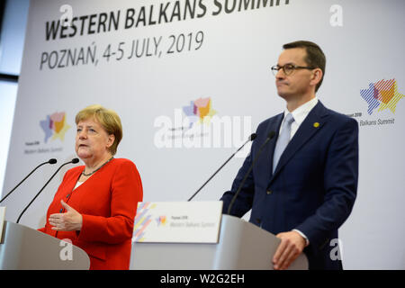 Poznan, Polen. 05. Juli, 2019. Bundeskanzlerin hat Angela Merkel spricht bei einer Pressekonferenz auf der 6 Westlichen Balkan Gipfeltreffen in Posen. Credit: SOPA Images Limited/Alamy leben Nachrichten Stockfoto