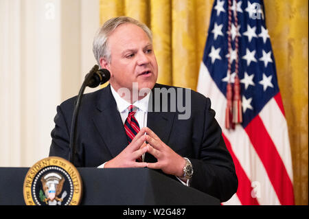 Washington, United States. 08 Juli, 2019. United States Innenminister David Bernhardt sprechen über "America's Environmental Leadership" im East Room des Weißen Hauses in Washington, DC. Credit: SOPA Images Limited/Alamy leben Nachrichten Stockfoto