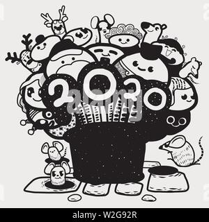 Cartoon Doodle mit Schriftzug 2020. Niedliche Tier und Santa Claus Charakter. Stock Vektor