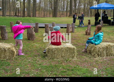 Meriden, CT USA. Apr 2019. Narzissenfest. Junge Mädchen, die einfach Spaß mit Heu zu werfen einander an. Stockfoto