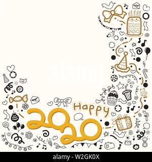 Neues Jahr Partei Hand gezeichnet Doodle mit handschriftlichen Schriftzug. Vector Illustration mit Happy 2020 Worte für die Vorlage von Papier, Karton und Drucken. Stock Vektor