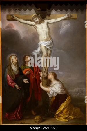 Christus am Kreuz mit Maria, Maria Magdalena und Saint John, von Bartolome Esteban Murillo, Spanisch, C. 1670, Öl auf Kupfer - Wiesen Stockfoto