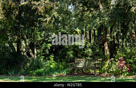 Holz garten Sitzbank im Schatten eines großen Baumes mit vielen Sträuchern und grünen Rasen in dappled Sonnenlicht gesetzt Stockfoto