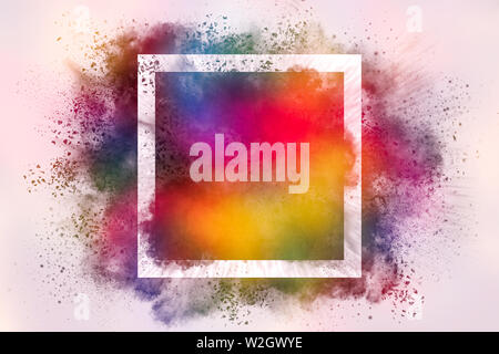 Explosion von Gelb, Rot und Blau Pulver. Freeze motion der Farbe Staub explodiert. 3D-Darstellung Stockfoto