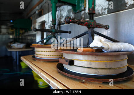 Die französischen Alpen. Handwerkliche Beaufort Käse Werk. Die verwendete Milch stammt aus der Tarine Kühe, die in der hohen Weiden grasen. Die Taste drücken. Peisey Nancroix Stockfoto