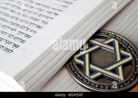 Thora und Davidstern. Zwei Symbole des Judentums. Stockfoto