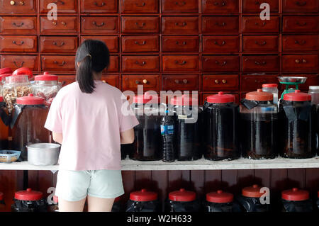 Frau in einer traditionellen chinesischen Apotheke arbeiten. Ha Tien. Vietnam. Stockfoto