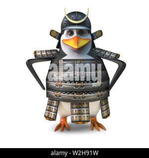 Lustige cartoon Penguin japanischen Samurai Warrior hat wirkliche Haltung, 3d-Grafik rendern Stockfoto