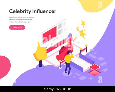 Landing Page Template von Prominenten, die Beeinflusser Abbildung Konzept. Isometrische flache Design Konzept der Webseite Design für die Website und mobile Website. Ve Stock Vektor