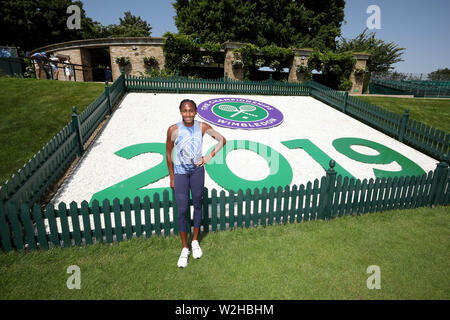 Cori "Coco" gauff (USA), die jüngste Frau, die jemals für den Hauptbewerb in Wimbledon qualifizieren wird dargestellt, vor dem Start der 2019 Meisterschaften an der Wimbledon Championships Tennis, Wimbledon, London Am 29. Juni, 2019 Stockfoto