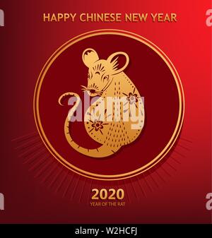 Jahr der Ratte. Chinesisches Neues Jahr 2020. Grußkarte mit goldenen Papier Ratte. Vector Illustration auf rotem Hintergrund Stock Vektor