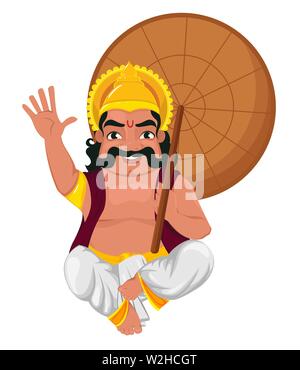 König Mahabali sitzen und halten Regenschirm. Happy Onam Festival in Kerala. Vector Illustration auf weißem Hintergrund Stock Vektor