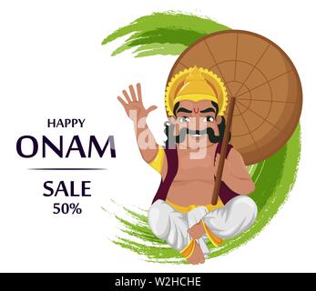 König Mahabali sitzen und halten Regenschirm. Happy Onam Festival in Kerala. Vector Illustration für Verkauf Stock Vektor