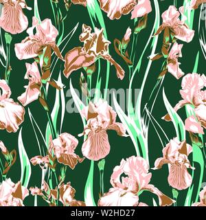 Wildflower iris Blumenmuster. Vollständiger Name der Pflanze Schwertlilie. Lachs Iris Blume für Hintergrund, Textur, wrapper Pattern, Rahmen oder. Stock Vektor