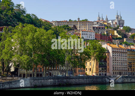 Blick auf Lyon, Rhone. Lyon ist eine Hochburg der Gastronomie und Fußball, Frankreich. Stockfoto
