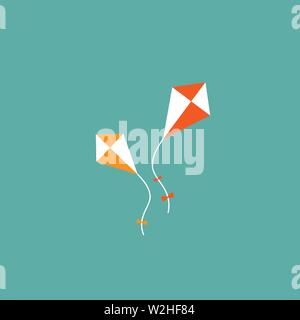 Zwei orange Drachen fliegen im türkisfarbenen Himmel. Flache cartoon Design. Fantasy, kreativ, freedome. Vector Hintergrund. Stock Vektor