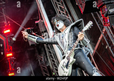 Oslo, Norwegen - 27. Juni 2019. Die US-amerikanische Rockband Kiss führt ein Live Konzert während der norwegischen Musik Festival Tonnen Gestein 2019 in Oslo. Hier Gitarrist Tommy Thayer live auf der Bühne gesehen. (Foto: Gonzales Foto - Terje Dokken). Stockfoto